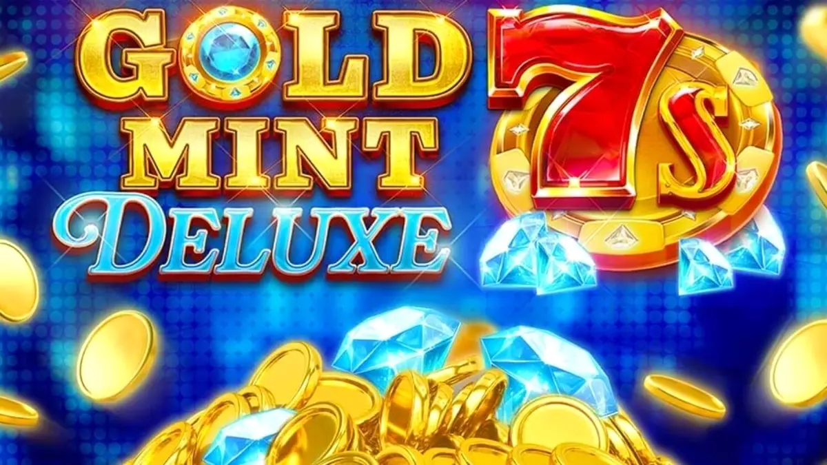 Tampilan gulungan slot Gold Mint 7s Deluxe yang berkilauan dengan simbol emas dan permata