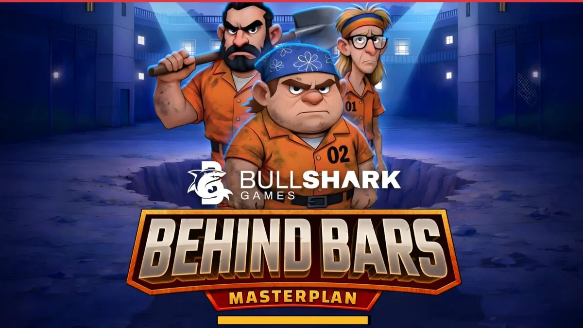 Tampilan visual slot Behind Bars Masterplan dengan karakter narapidana dan grid 6x5