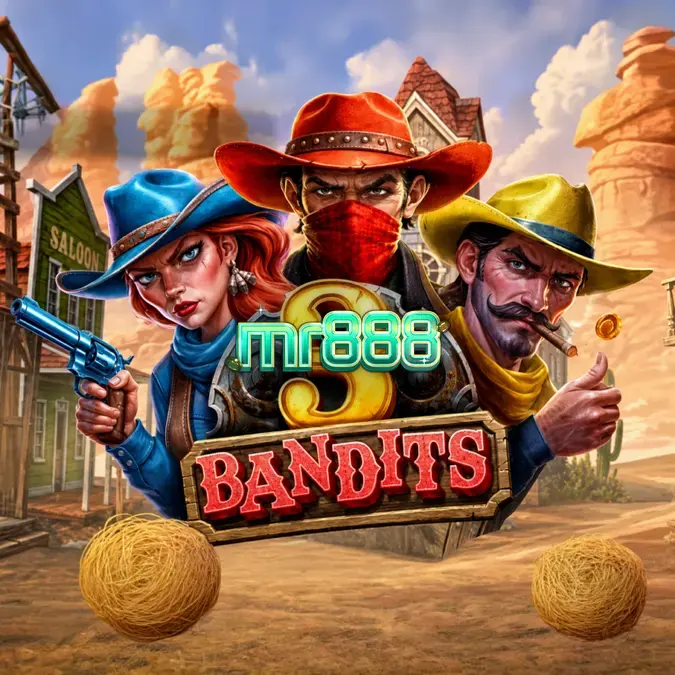 Tampilan layar utama slot 3 Bandits dari Fantasma Games, menampilkan gulungan 6x4 dengan simbol bertema Wild West dan tiga bandit di bagian atas.